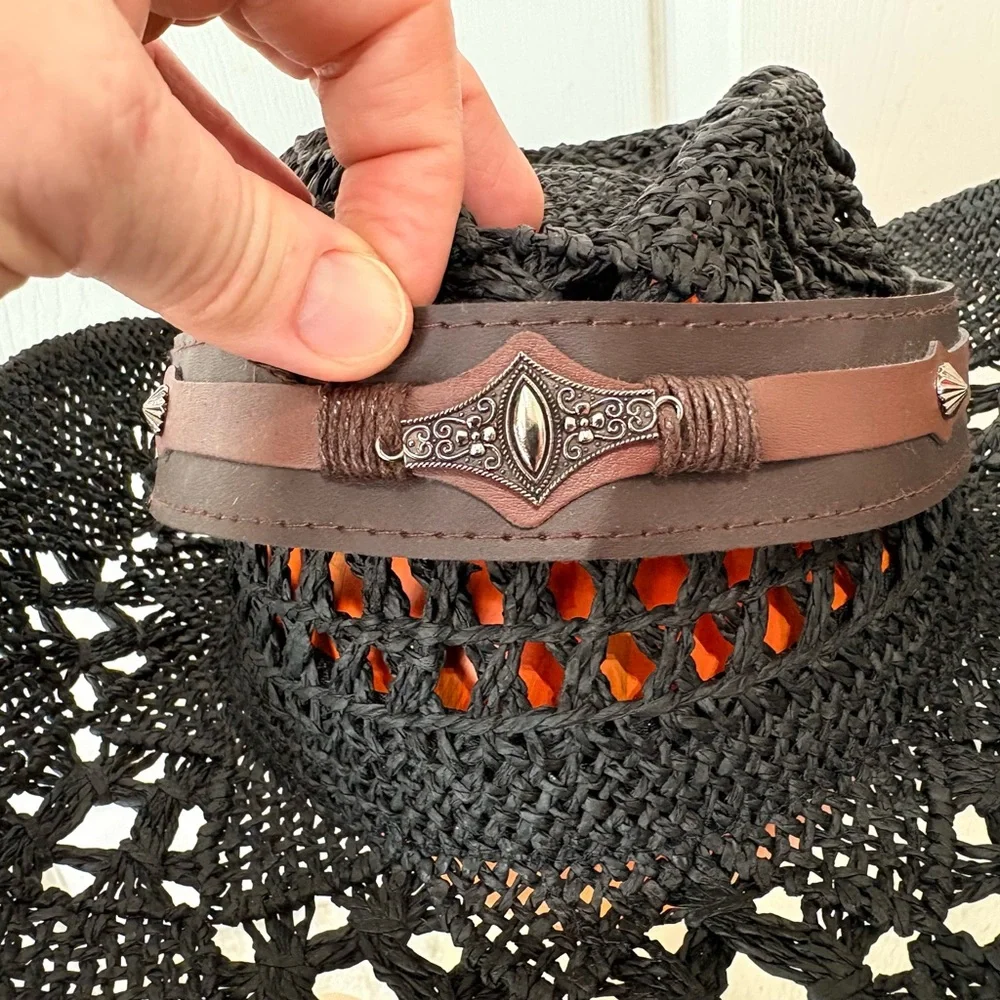 Men’s Black Straw Cowboy Hat With Vegan Leather Concho Band~Large - Picture 4 of 5